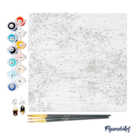 Mini set pictura pe numere, cu sasiu,  Lac si muntele Fuji, 20x20 cm [3]