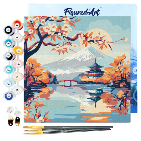 Mini set pictura pe numere, cu sasiu,  Lac si muntele Fuji, 20x20 cm [1]