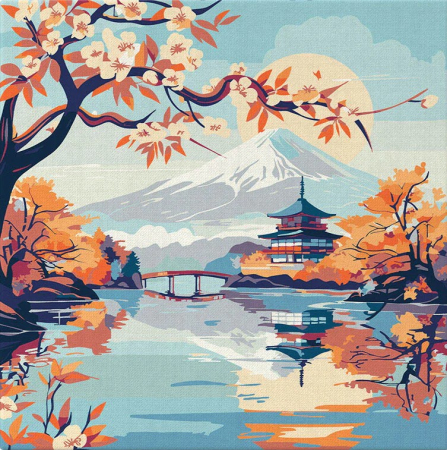 Picturi pe numere dimensiuni mici și medii – ușor de realizat, perfecte pentru orice spațiu - Mini set pictura pe numere, cu sasiu,  Lac si muntele Fuji, 20x20 cm