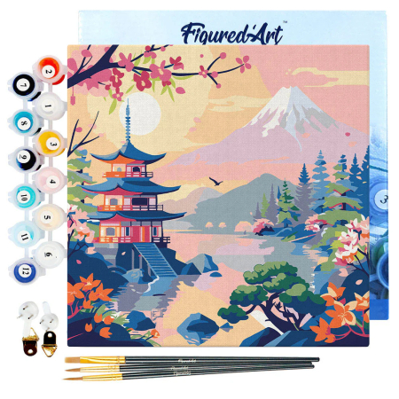Mini set pictura pe numere, cu sasiu, Pagoda si muntele Fuji, 20x20 cm [1]