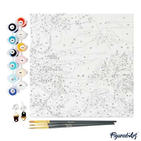 Mini set pictura pe numere, cu sasiu, Pagoda si muntele Fuji, 20x20 cm [3]