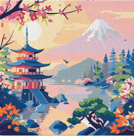Dimensiuni medii si mici - Mini set pictura pe numere, cu sasiu, Pagoda si muntele Fuji, 20x20 cm
