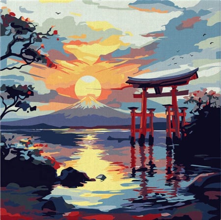 Mini set pictura pe numere, cu sasiu, Poarta Torii la apus, 20x20 cm