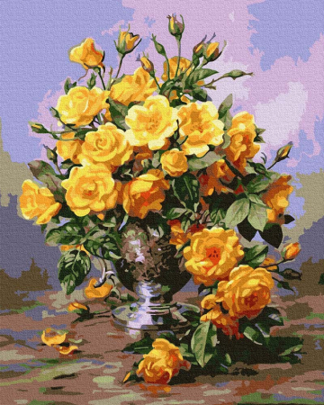 Dimensiune clasica 40x50cm - Set pictura pe numere, cu sasiu, Trandafiri galbeni, 40x50 cm