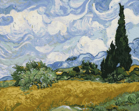 Set pictura pe numere, cu sasiu, Camp cu grau si chiparosi - van Gogh, 40x50 cm [0]