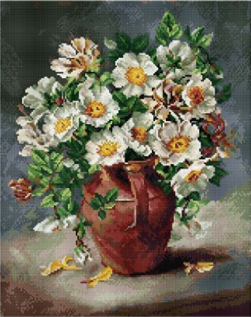 Set goblen cu diamante, cu sasiu, Flori albe in cana, 40x50 cm [0]