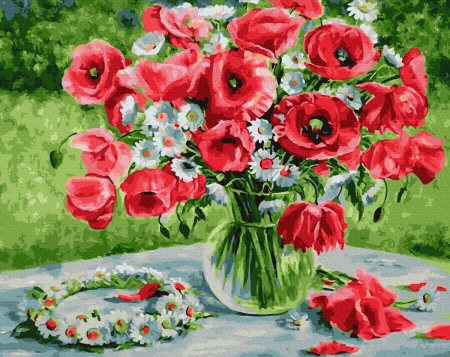 Set pictura pe numere premium, cu sasiu, Buchet de maci si margarete, 40x50cm [0]