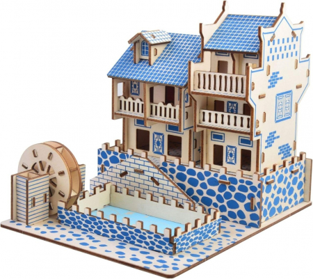 Casute DIY - Puzzle 3D, din lemn, Oras medieval, 63 piese