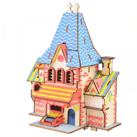Casute DIY - Puzzle 3D, din lemn, Vila cu flori, 59 piese