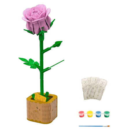 Casute DIY - Puzzle 3D, din lemn, Tandafir roz, 121 piese