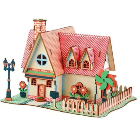 Casute DIY - Puzzle 3D, din lemn, Vila cu floarea soarelui, 73 piese
