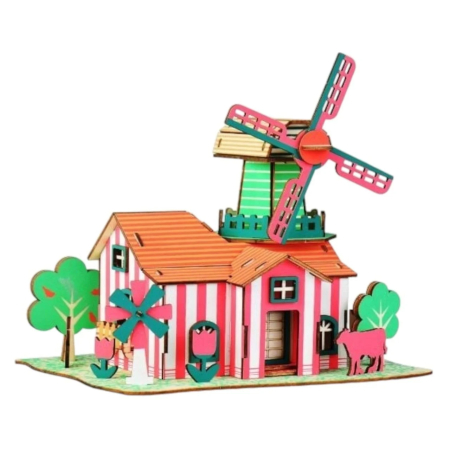 Casute DIY - Puzzle 3D, din lemn, Ferma cu lalele, 82 piese