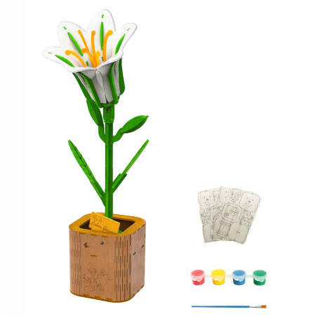 Casute DIY - Puzzle 3D, din lemn, Crin alb, 112 piese