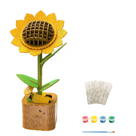 Casute DIY - Puzzle 3D, din lemn, Floarea soarelui, 162 piese