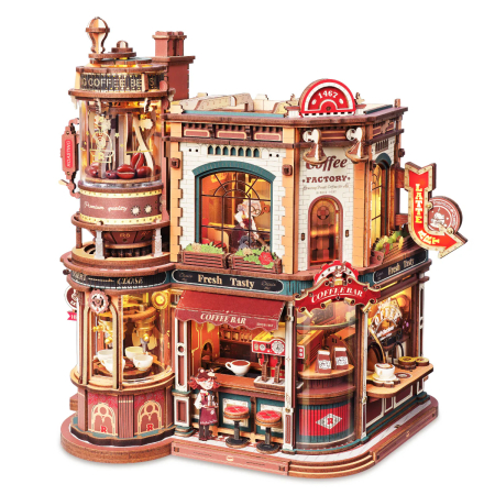 Puzzle mecanic 3D - Puzzle 3D electric, cutiuta muzicala, Fabrica de cafea, 593 piese
