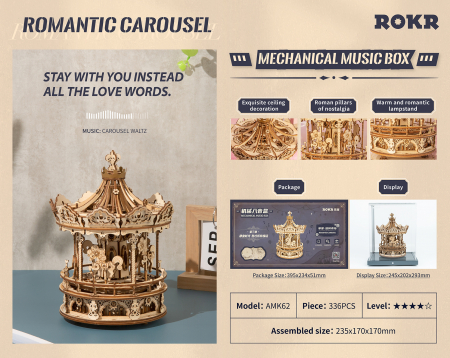 Puzzle 3D, lemn, cutiuta muzicala, Carusel Romantic [3]