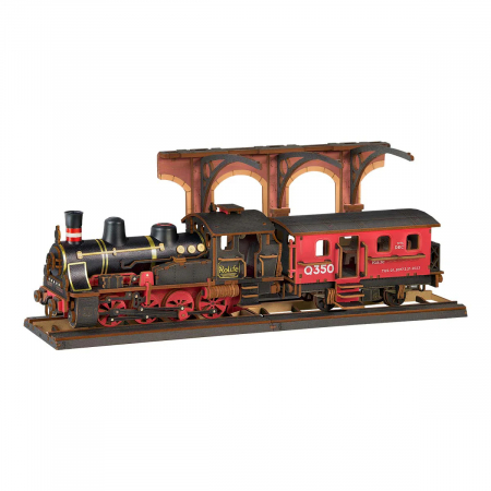 Puzzle mecanic 3D - Puzzle 3D, mecanic, din lemn, Tren cu aburi, 405 piese
