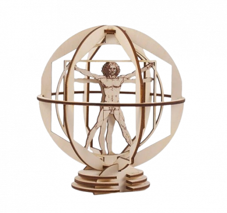 Puzzle 3D, mecanic, din lemn, Omul vitruvian rotativ, 22 piese