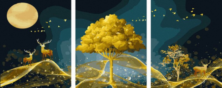 Set 3 picturi pe numere, cu sasiu, Vis de aur, 50x120 cm