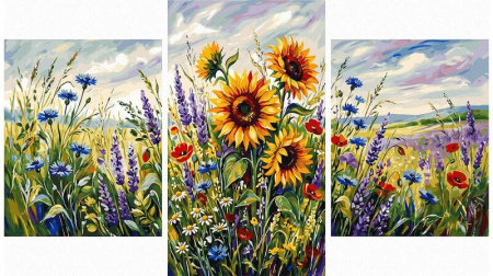 Picturi pe numere - Set 3 picturi pe numere, cu sasiu, Adiere de vant pe pajiste,70x120 cm