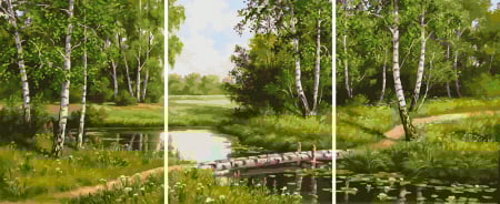 Triptice si dimensiuni mari - Set 3 picturi pe numere, cu sasiu, Mesteceni langa rau, 50 x 120 cm