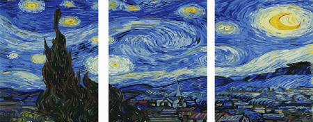 Triptice si dimensiuni mari - Set 3 picturi pe numere, cu sasiu, Noapte instelata - van Gogh, 50x120cm