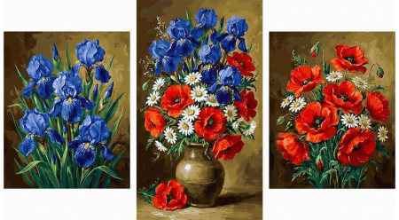 Picturi pe numere - Set 3 picturi pe numere, cu sasiu, Irisi, maci si margarete,70x120 cm