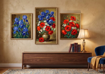 Set 3 picturi pe numere, cu sasiu, Irisi, maci si margarete,70x120 cm [1]