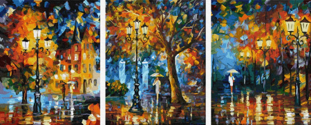 Triptice si dimensiuni mari - Set 3 picturi pe numere, cu sasiu, Plimbare noaptea in parc - Leonid Afremov, 50 x 120 cm