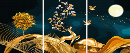 Set 3 picturi pe numere, cu sasiu, Taramul visurilor aurite, 50x120 cm