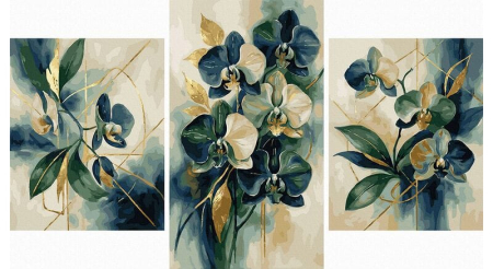 Picturi pe numere - Set 3 picturi pe numere, cu sasiu, Orhideele din Kinabalu - culori metalizate, 70x120 cm