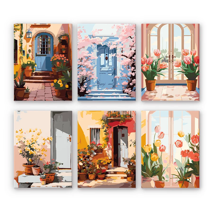 Picturi pe numere dimensiuni mici și medii – ușor de realizat, perfecte pentru orice spațiu - Set 6 mini-picturi pe numere, cu sasiu, Arhitectura europeana cu flori, 15x20cm