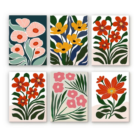 Picturi pe numere - Set 6 mini-picturi pe numere, cu sasiu, Motive florale colorate, 15x20cm