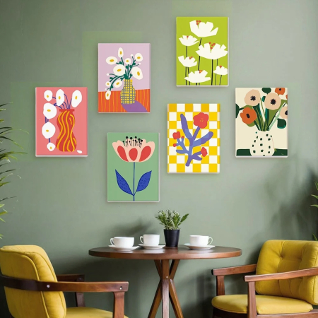 Set 6 mini-picturi pe numere, cu sasiu, Flori abstracte in vaze, 15x20cm [1]