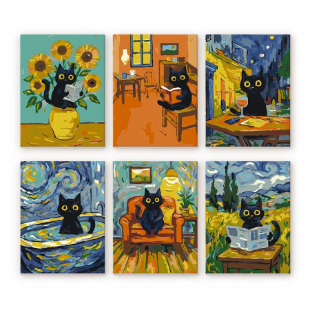 Picturi pe numere - Set 6 mini-picturi pe numere, cu sasiu, Pisica van Gogh, 15x20 cm