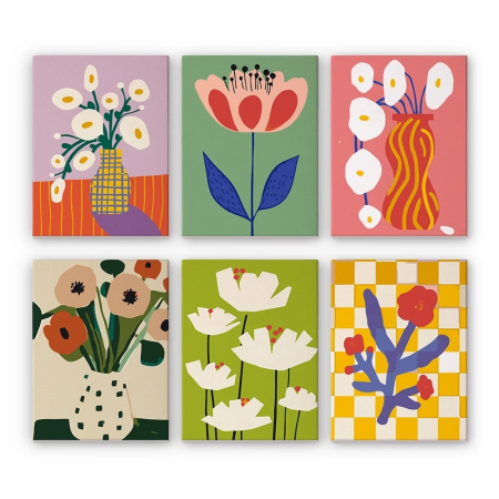 Picturi pe numere - Set 6 mini-picturi pe numere, cu sasiu, Flori abstracte in vaze, 15x20cm