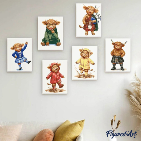 Set 6 mini-picturi pe numere, cu sasiu, Prietenii de la ferma din Scotia, 15x20cm [1]