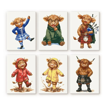 Picturi pe numere - Set 6 mini-picturi pe numere, cu sasiu, Prietenii de la ferma din Scotia, 15x20cm