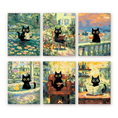 Picturi pe numere - Set 6 mini-picturi pe numere, cu sasiu, Pisica Monet, 15x20cm