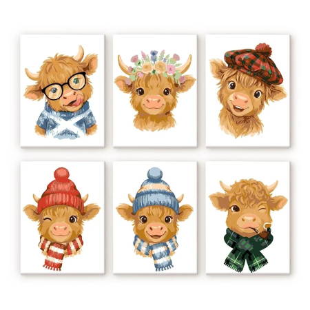 Picturi pe numere - Set 6 mini-picturi pe numere, cu sasiu, Prieteni taurasi, 15x20cm
