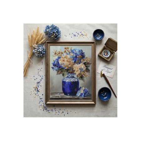 Set broderie cu margele cusute, Hortensii in vas de portelan, 22 x 29 cm [1]