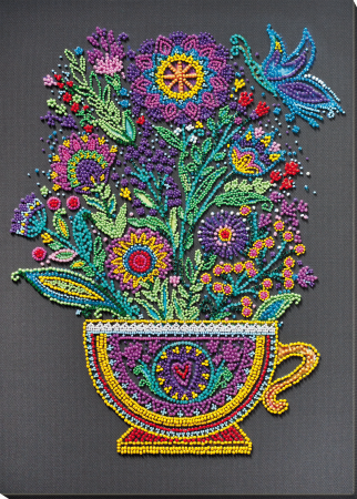 Broderii cu margele - Set broderie cu margele cusute, Ceasca de fericire, 23,5x32,5 cm