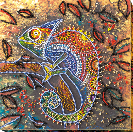 Broderii cu margele - Set broderie cu margele cusute, Cameleon, 20x20 cm