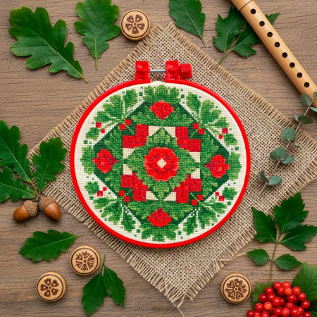 Ac & Ata - Set broderie in cruciulita, cu gherghef, Motive traditionale, 15x15 cm
