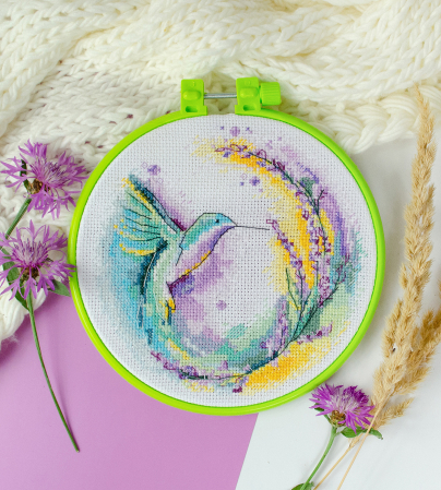 Set broderie in cruciulita, cu gherghef, Colibri, 15x15 cm