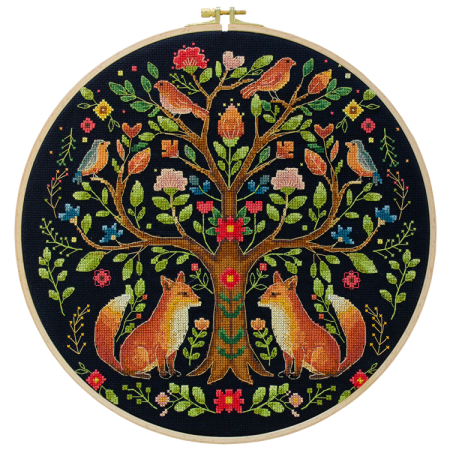 Broderie in cruciulita - Set broderie in cruciulita, fara gherghef, Copacul povestilor din padure, 30x30 cm