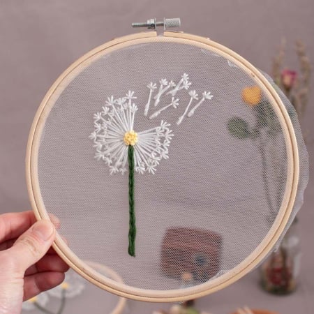 Broderii & Tesaturi - Set broderie pe tul preimprimat, cu gherghef, Papadie 1, Ø19 cm