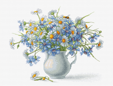 Set de brodat in cruciulita, Albastrele si romanite, 24,5x20 cm [0]