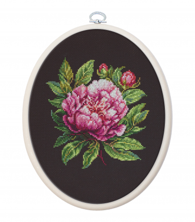 Broderie in cruciulita - Set de brodat in cruciulita cu gherghef, Bujor Peter Brand, 12x13 cm