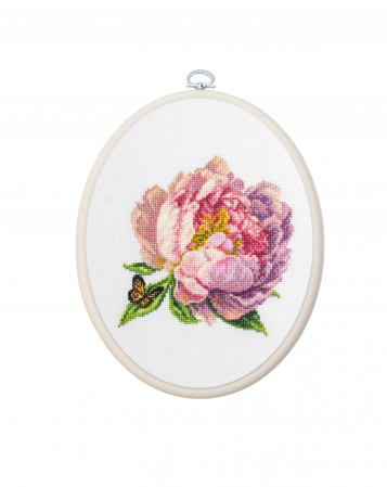 Broderie in cruciulita - Set de brodat in cruciulita cu gherghef, Bujor Rozella, 12x12 cm